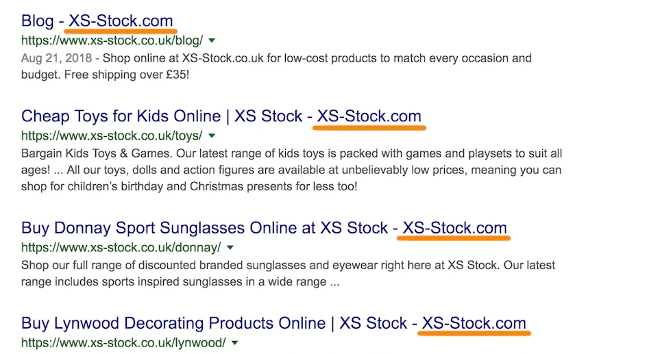 Большинство страниц содержат “XS-Stock.com” в заголовке